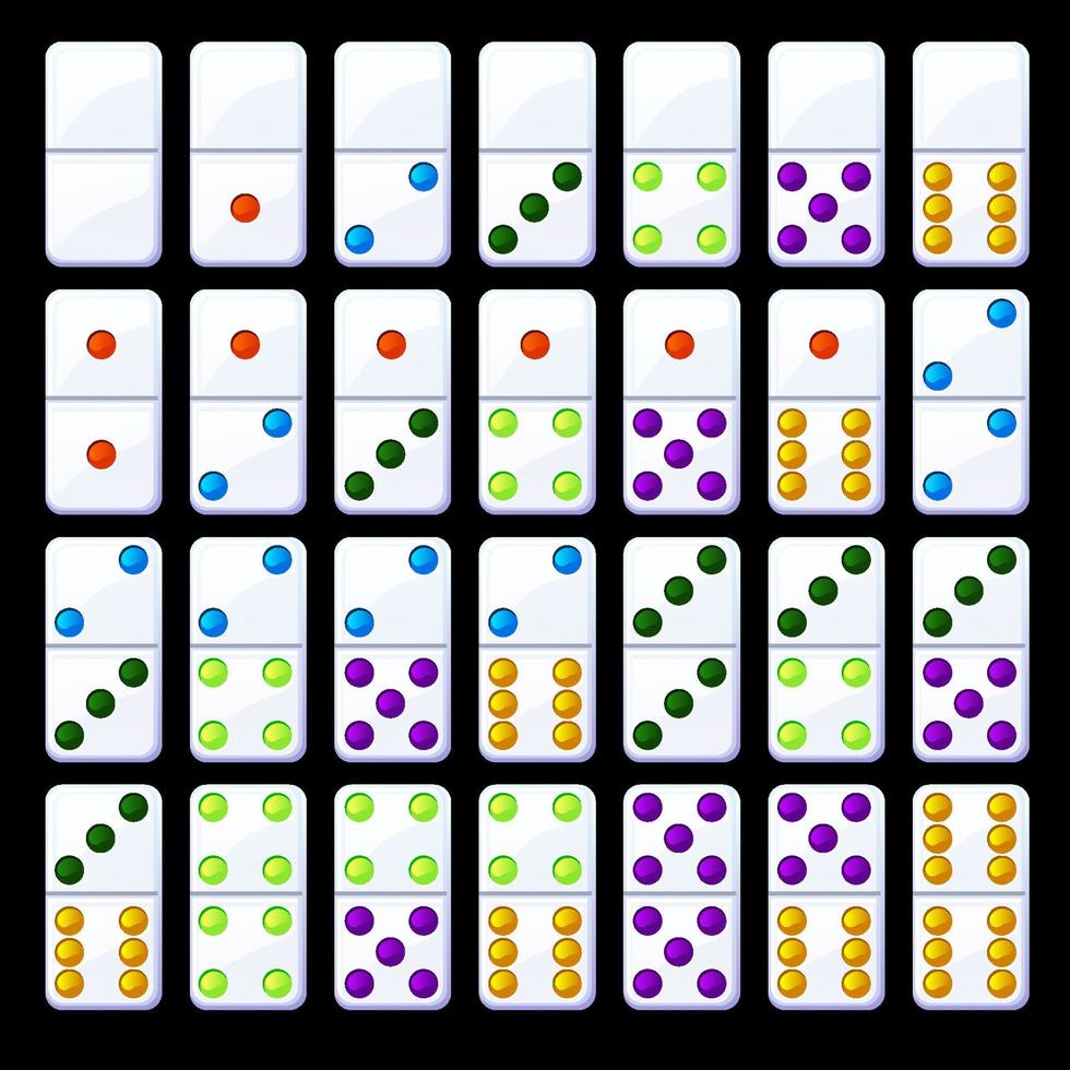 Vector set of isolated colored classic dominoes. Collection of bright domino chips.