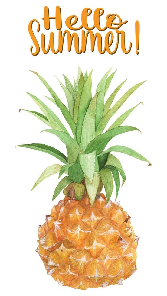 Watercolor pineapple Hello Summer vector card