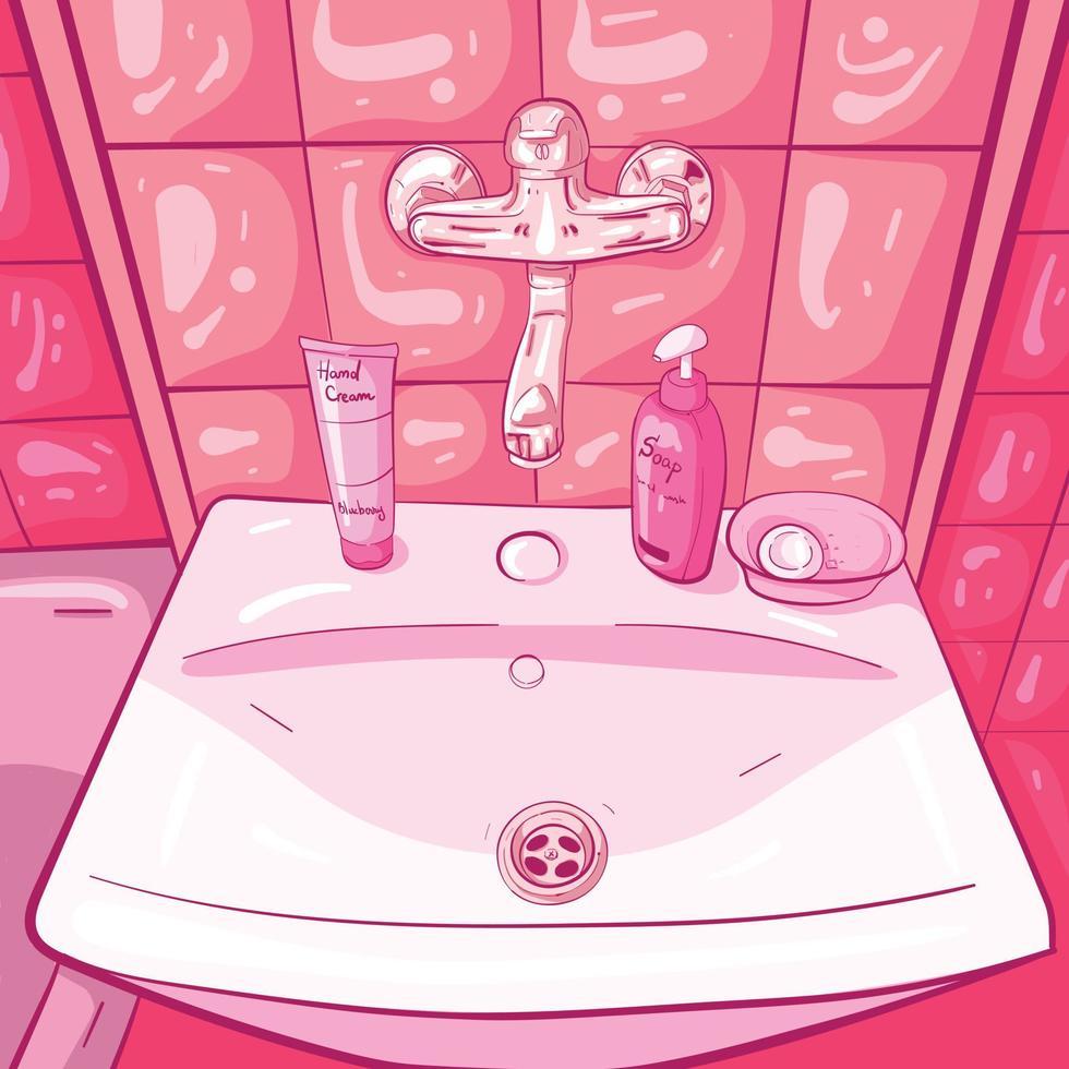 arte conceptual de un lavabo rosa en un bonito baño con grifo de agua, jabón de manos y loza brillante. ilustración vectorial y dibujo con perspectiva desde arriba del lavabo. vector