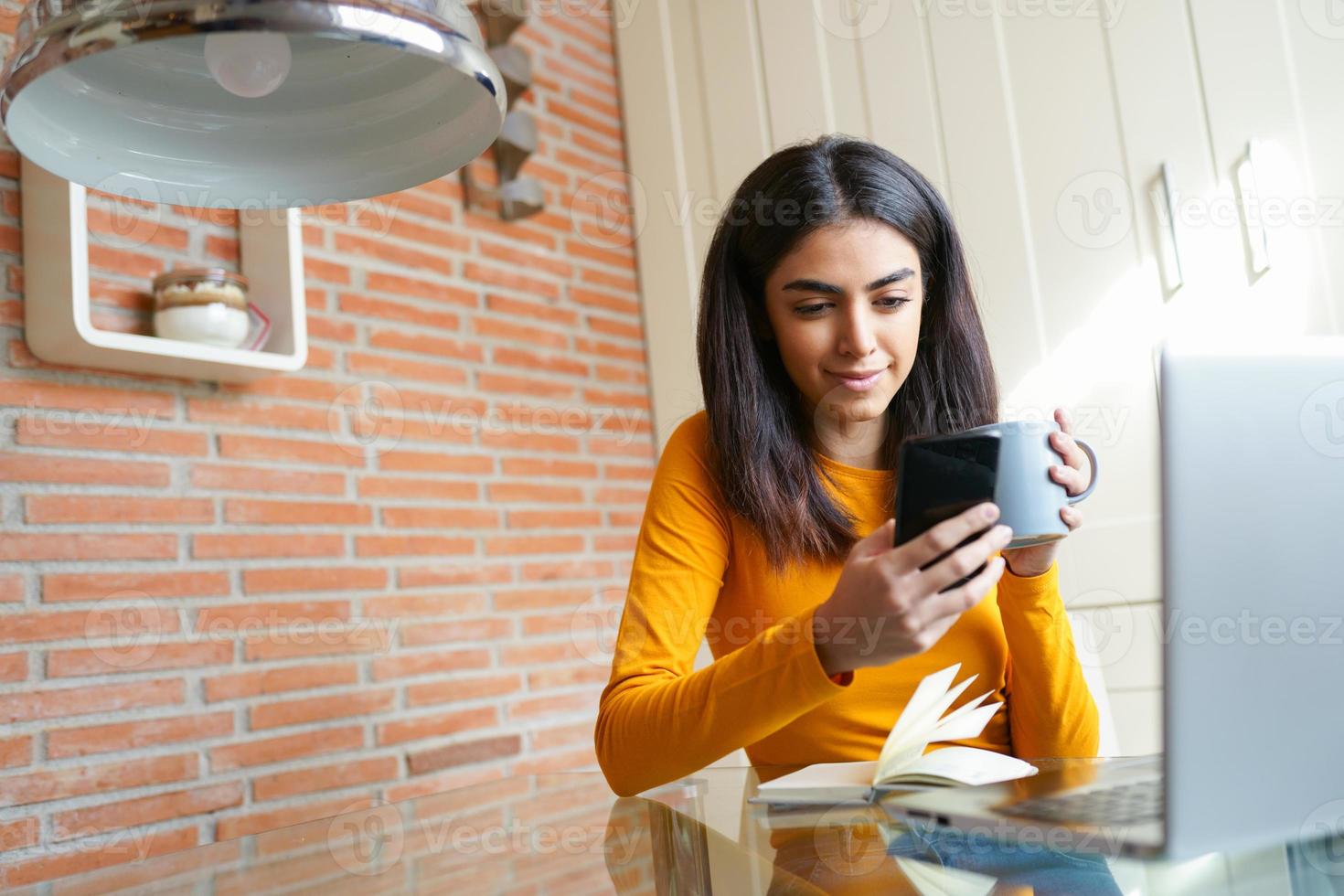 Female architect working at home with a laptop and blueprints photo