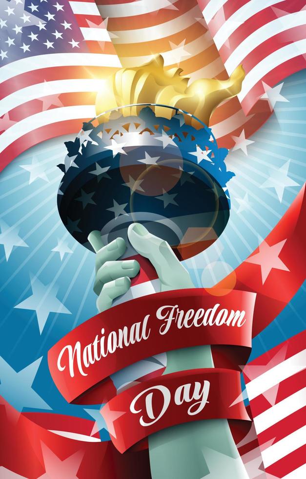 National Freedom Day Concept with Hand of Liberty Statue Holding Torch vector