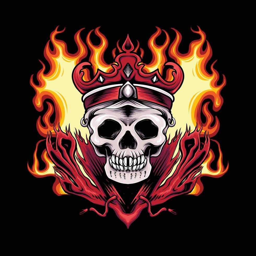 king fire skull illustration for t shirt design and print vector