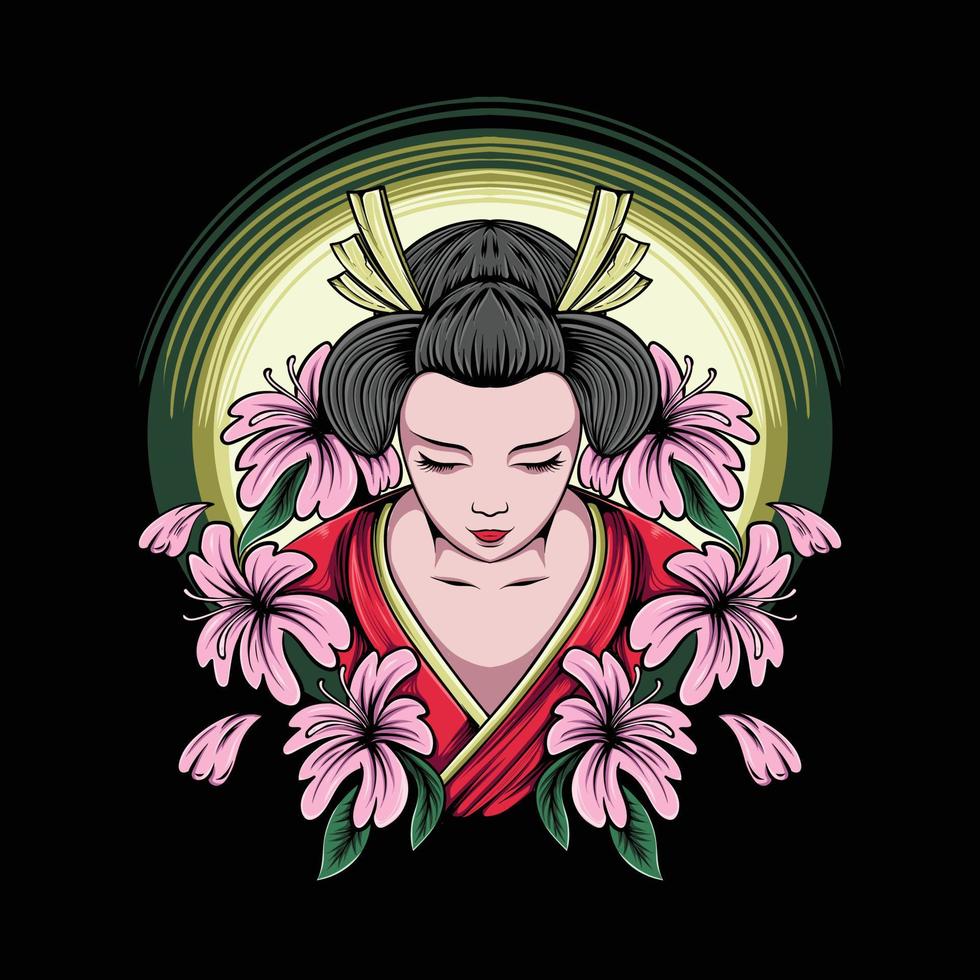 Japanese geisha woman illustration with flowers for t-shirt design and print vector