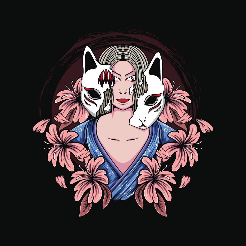 Japanese geisha woman illustration with kitsune mask and flowers for t-shirt design and print vector