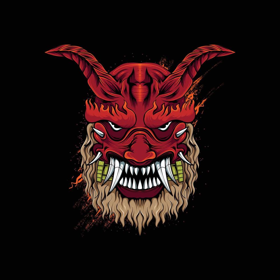 evil and scary japanese oni mask illustration for t-shirt design and print vector
