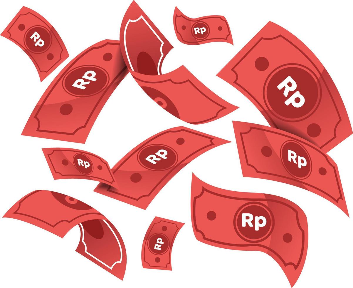 Financial vector background. Money raining, flying red banknotes on a white background. Casino jackpot concept. Indonesian banking currency is Ruliah. Illustration of falling prize money.