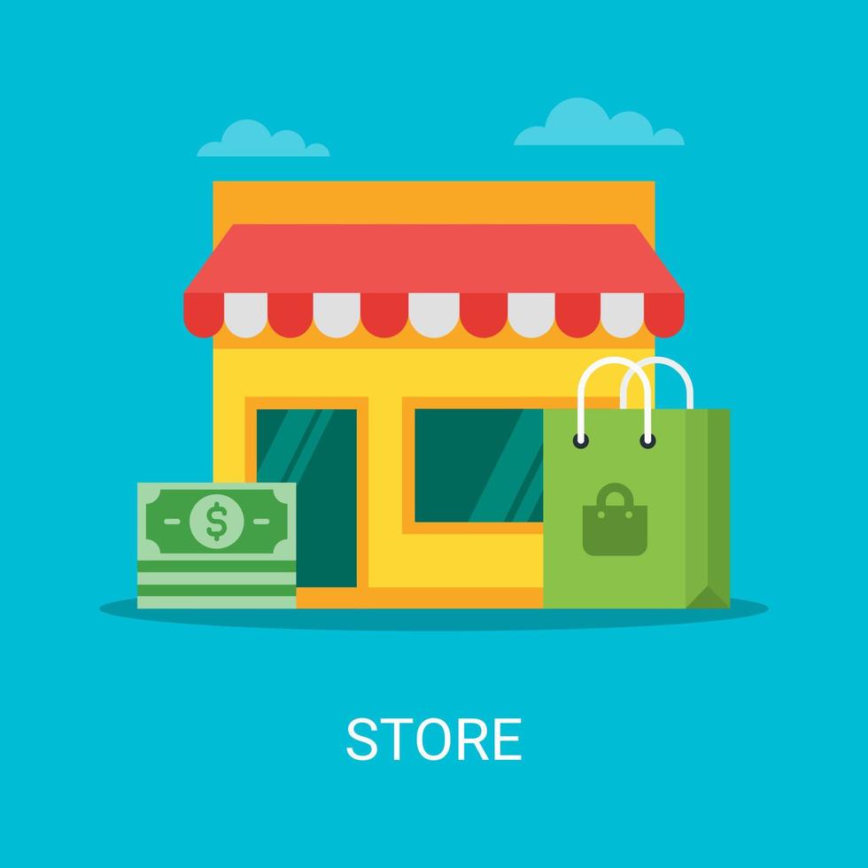 Store vector illustration concept in flat style. Store, money, shopping bag icon suitable for many purposes.