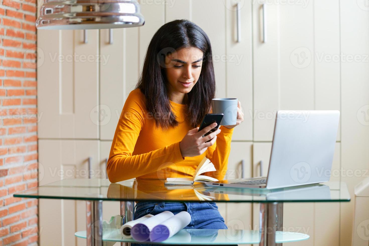 Female architect working at home with a laptop and blueprints photo