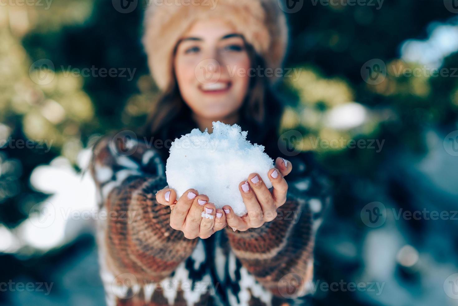 Young woman enjoying the snowy mountains in winter photo