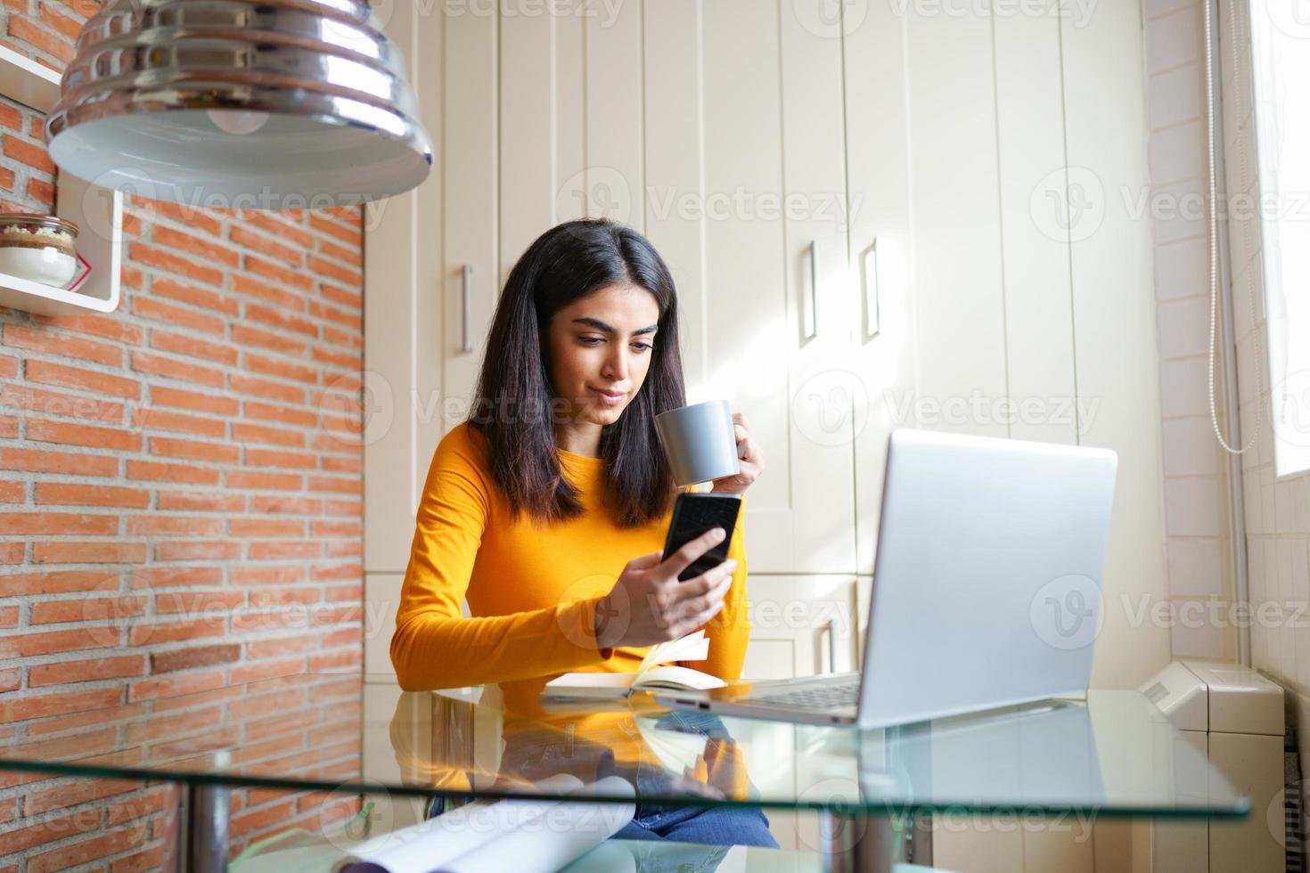 Female architect working at home with a laptop and blueprints photo