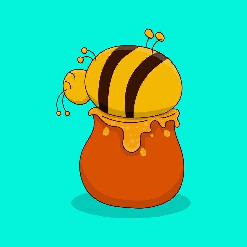 Hand Drawing of Cute Bee Sleeping on a Honey Jar vector