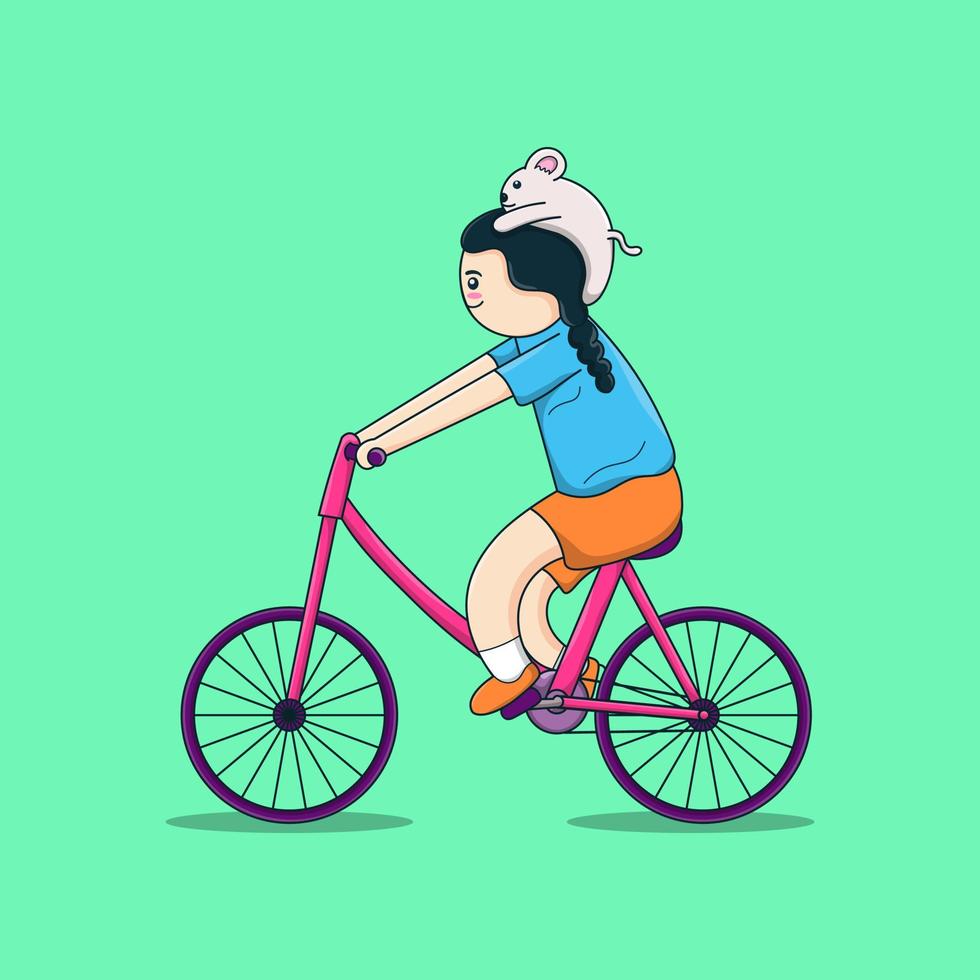 niña montando bicicleta con mascota en la cabeza vector