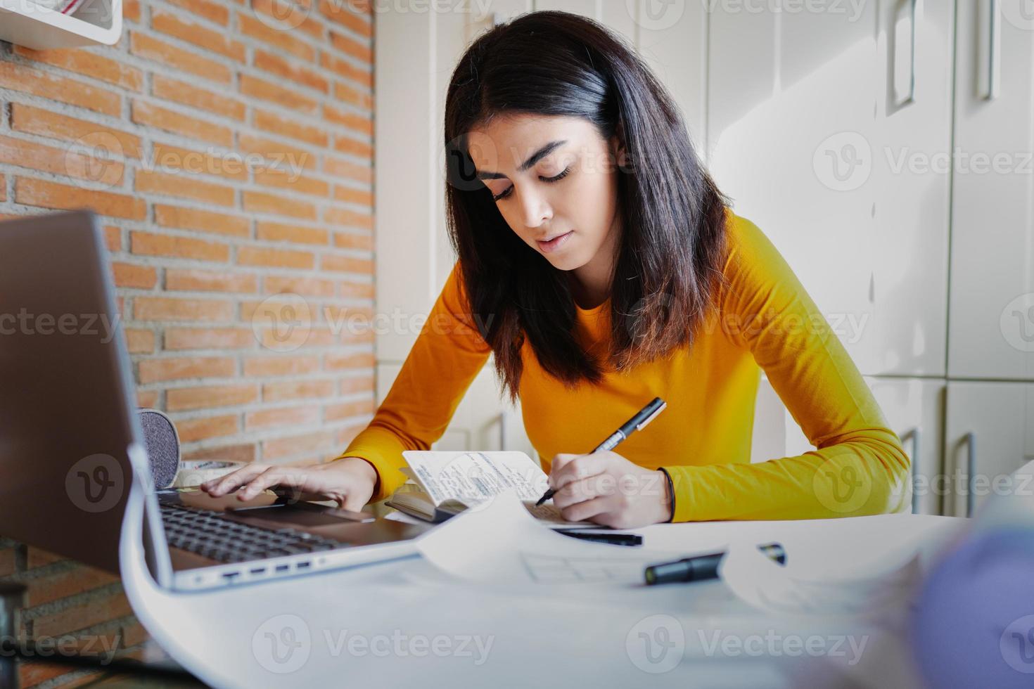 Female architect working at home with a laptop and blueprints photo