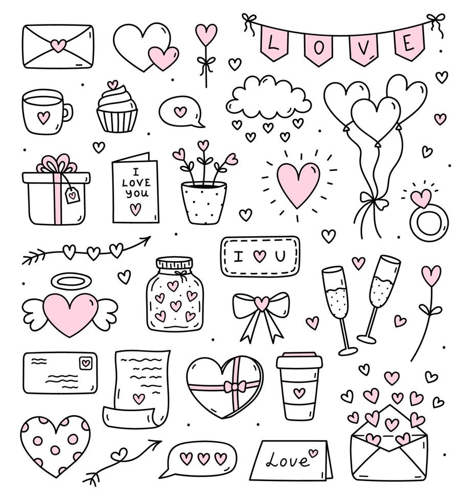 Cute set of doodles for Valentine's Day - love letters and cards, hearts, balloons, gifts, champagne, bunting and others. Vector hand-drawn illustration. Perfect for holiday designs, stickers, decor.