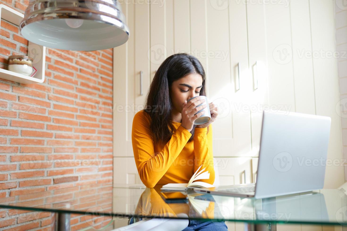 Female architect working at home with a laptop and blueprints photo