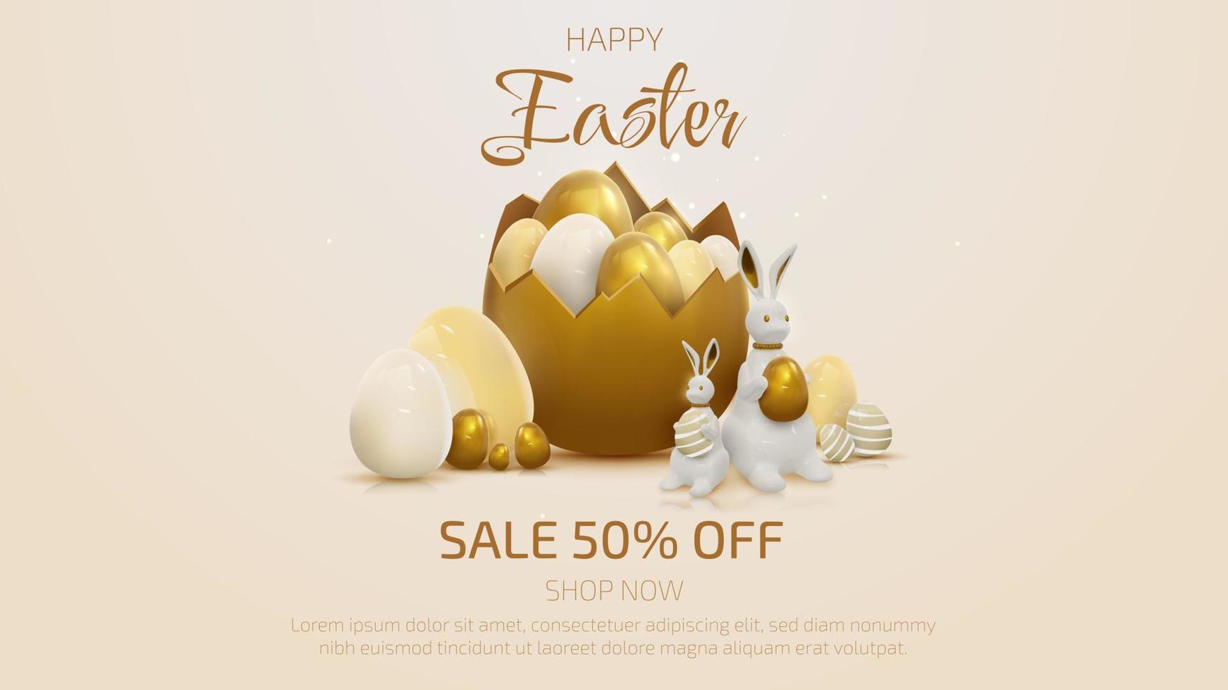 3d realistic bunny with gold easter egg elements. Banner template design. vector