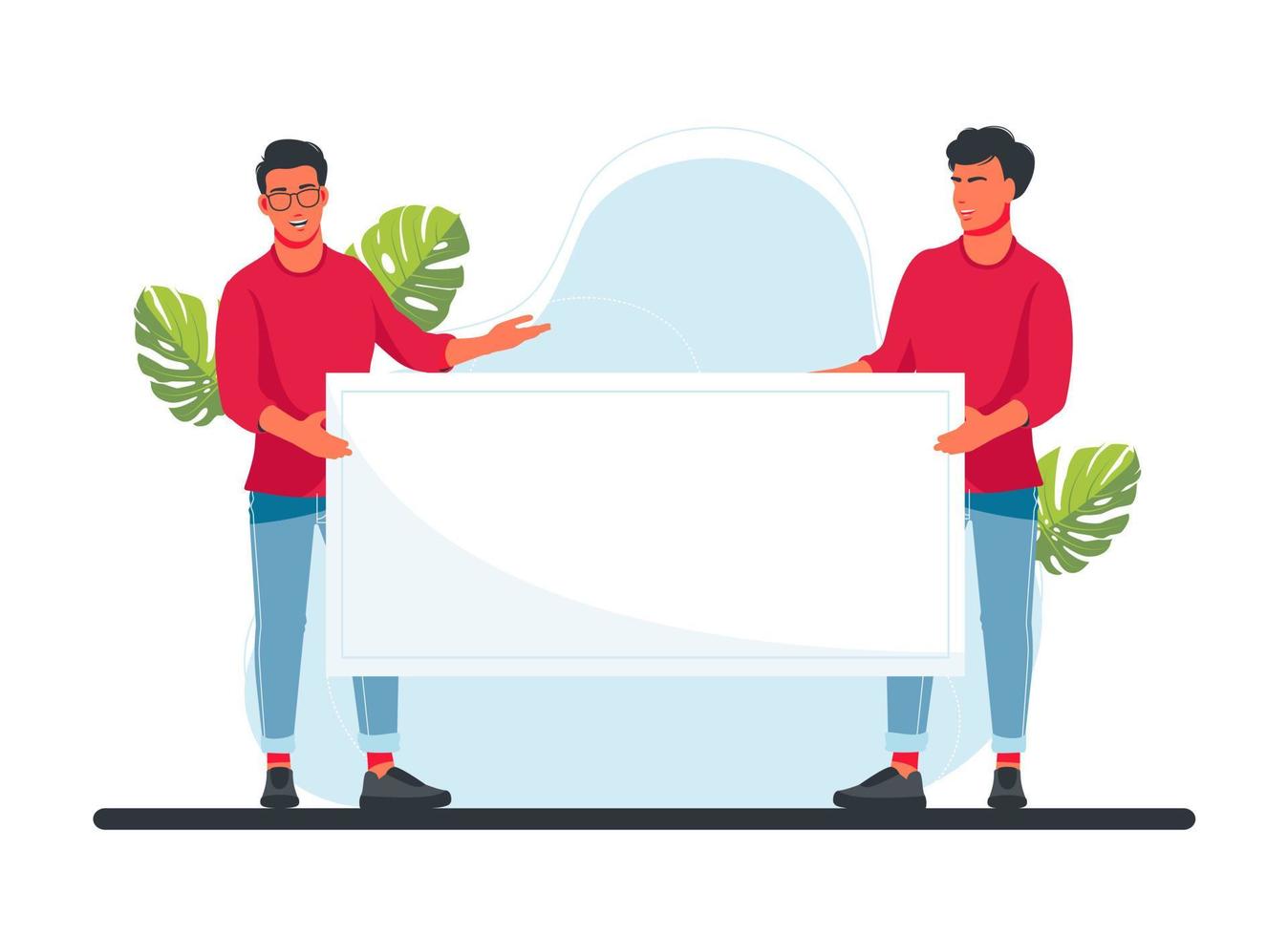 Young characters men holding a sheet of white paper. Copy space. Your text here, template. Flat editable vector illustration, clip art. A clean sheet of white paper.