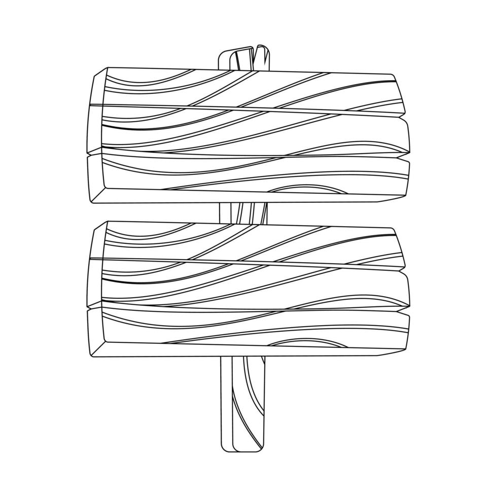 vector de conjunto de cartelera vacía de línea negra de madera. dibujo de línea continua del letrero de dirección de madera en el poste. boceto vectorial de la antigua guía con tablero en forma de flecha en un contorno negro