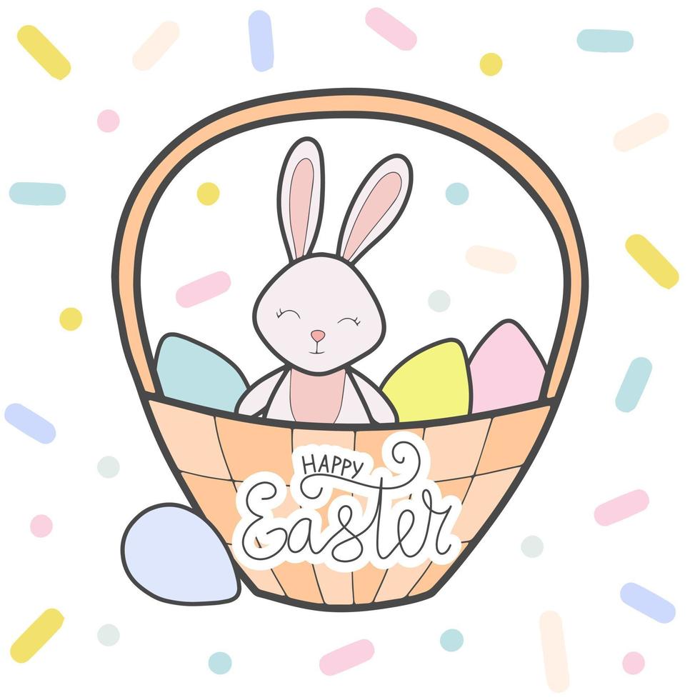 Vector wicker basket with rabbit and easter eggs clipart.