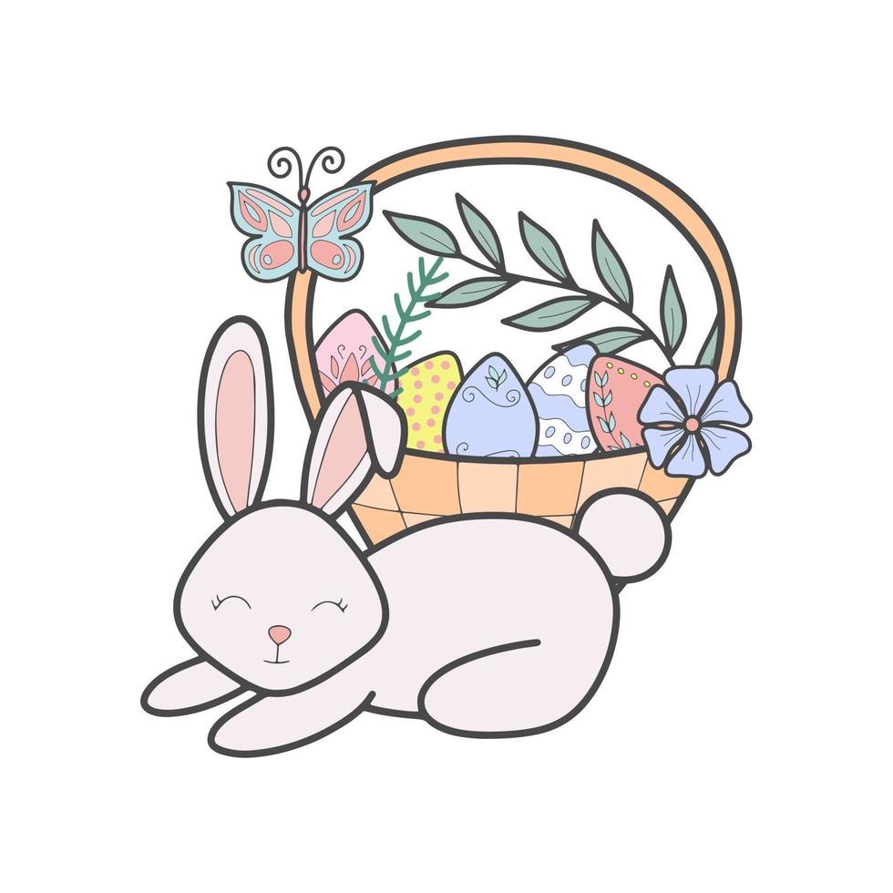 Vector wicker basket with rabbit and easter eggs clipart