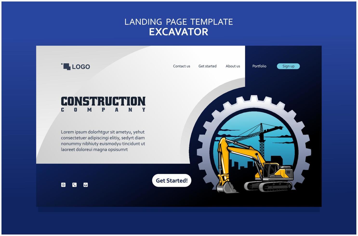 excavator, construction landing page template vector