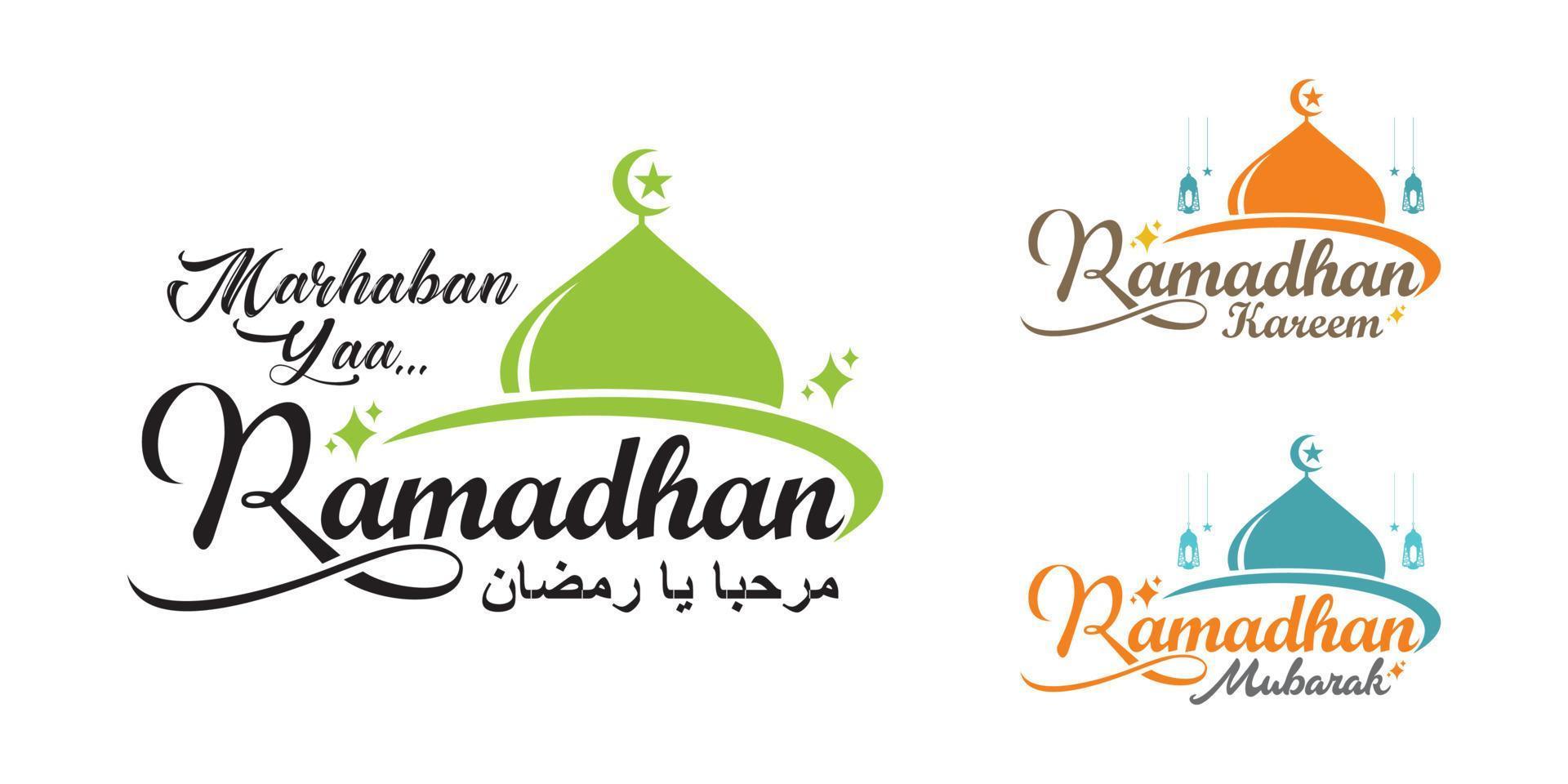 Marhaban Yaa Ramadan logo set. Ramadhan Mubarak, Arabic Calligraphy with mosque icon. vector