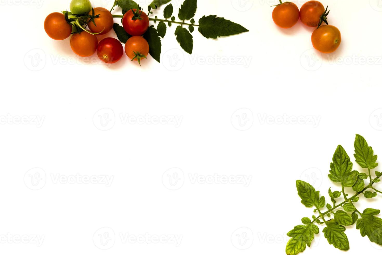 Tomates cherry frescos maduros en aislado sobre fondo blanco. foto