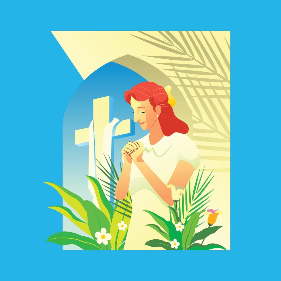 Classic Style Girl Praying in Palm Sunday vector