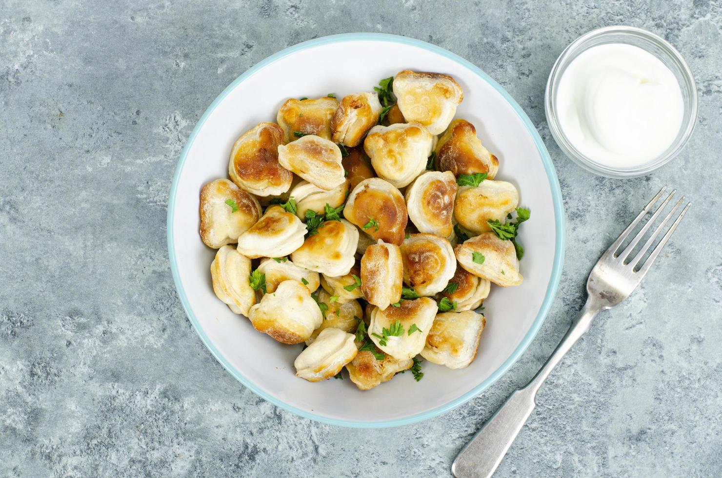 Blue bowl with fried dumplings. Studio Photo