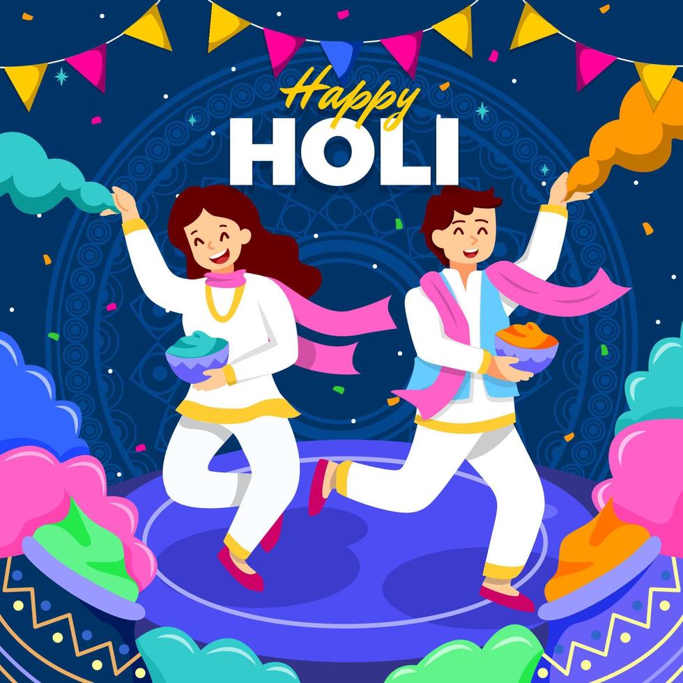 pareja lanzando polvo de holi en la celebración de holi vector