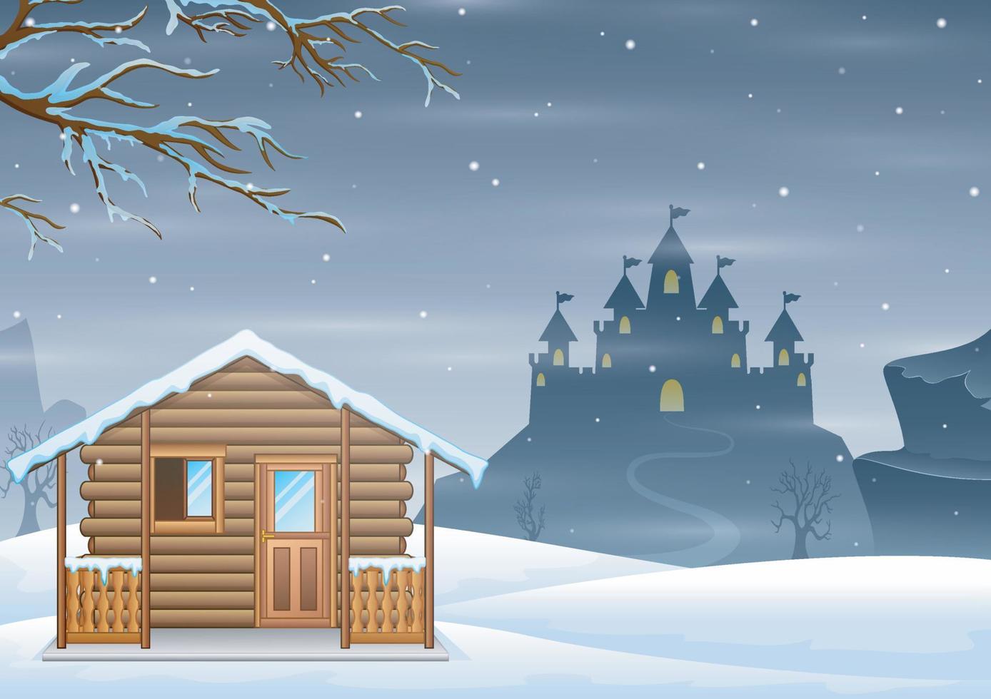 una pequeña casa de madera y un castillo de silueta en la colina de invierno vector