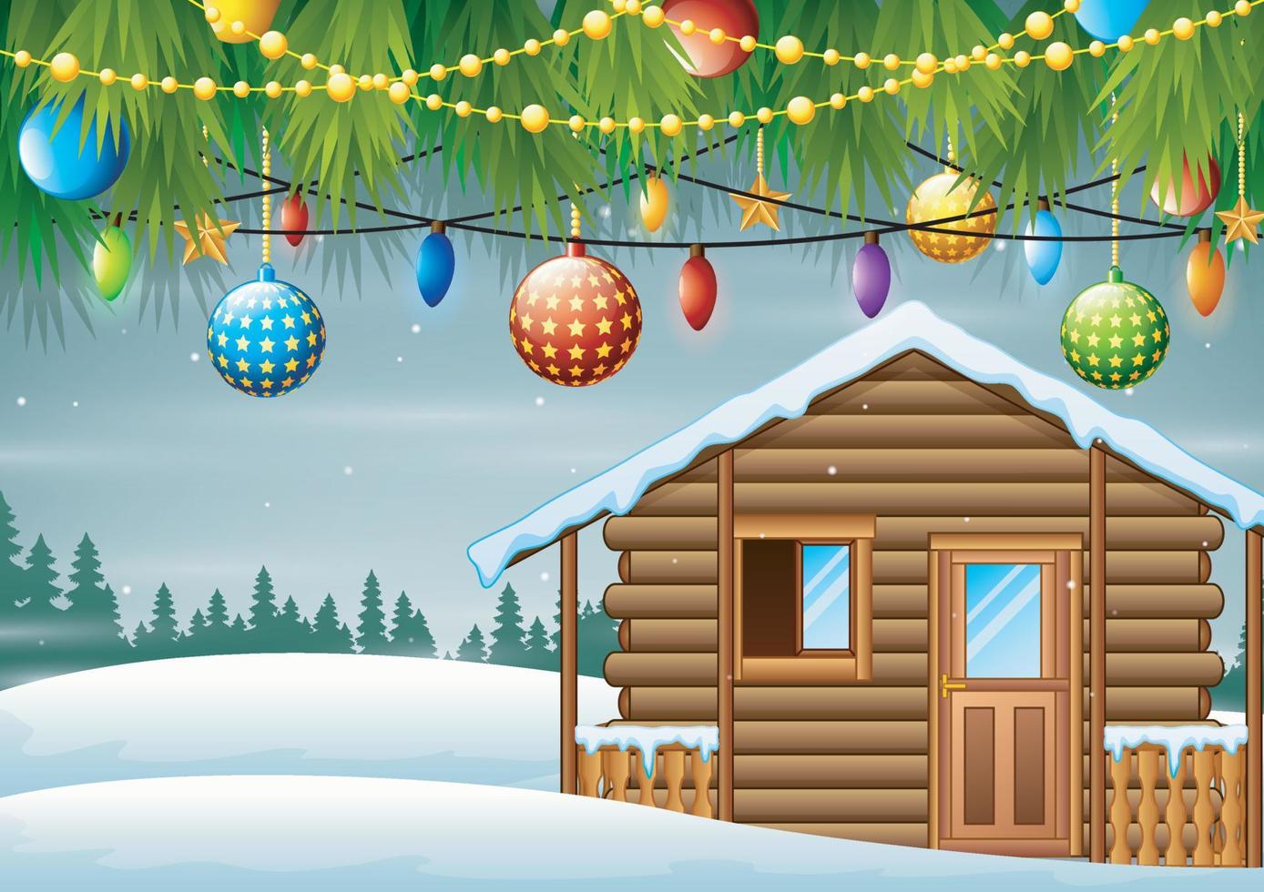 Christmas tree garland and wooden house on the winter background vector