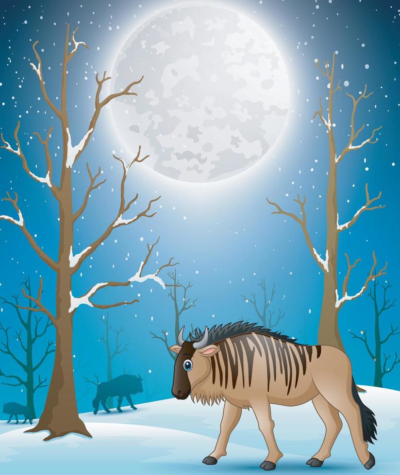 Cartoon wildebeest on the winter forest vector