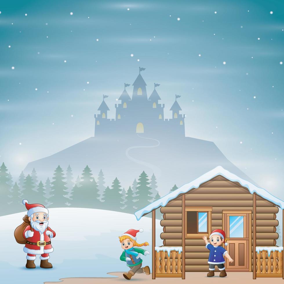 Santa Claus delivers gifts to children in village landscape vector