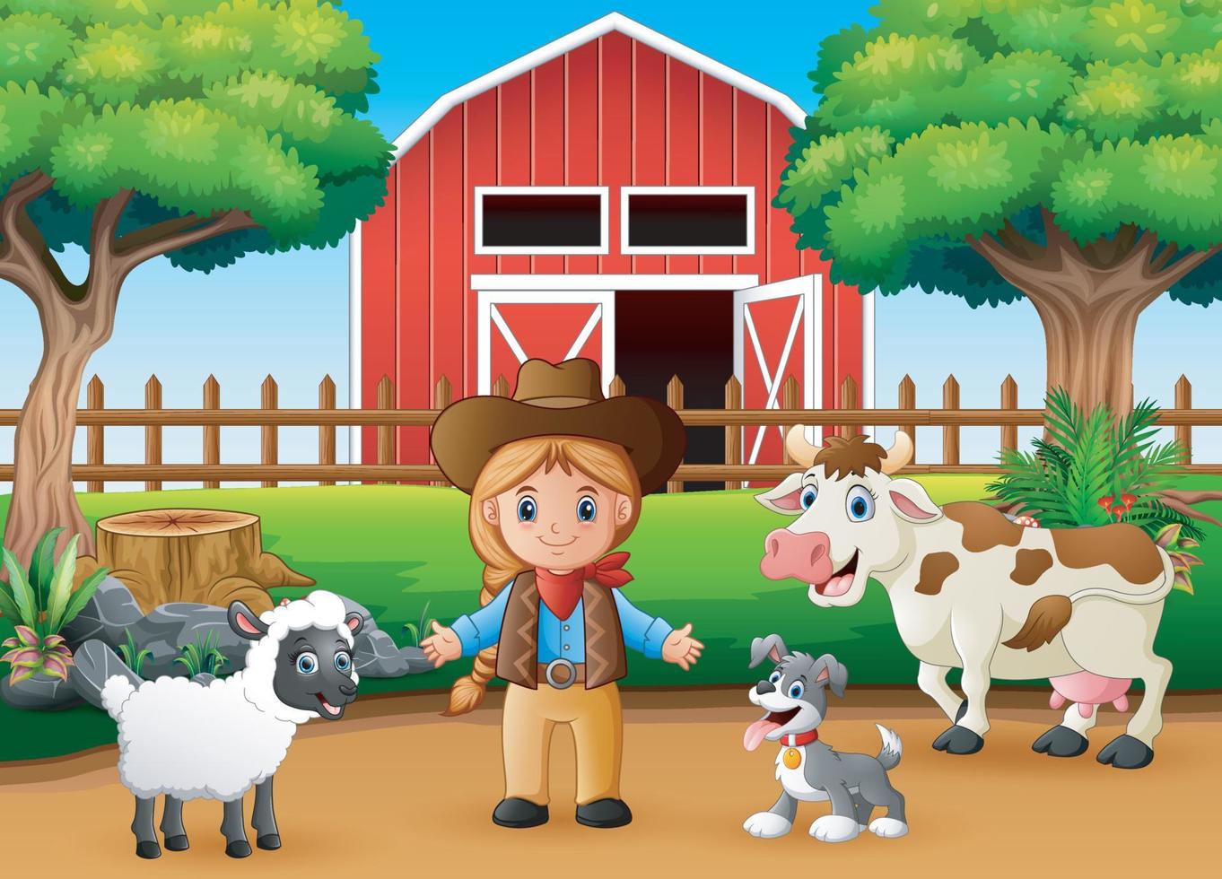 A beautiful cowgirl and farm animal in front the barn vector