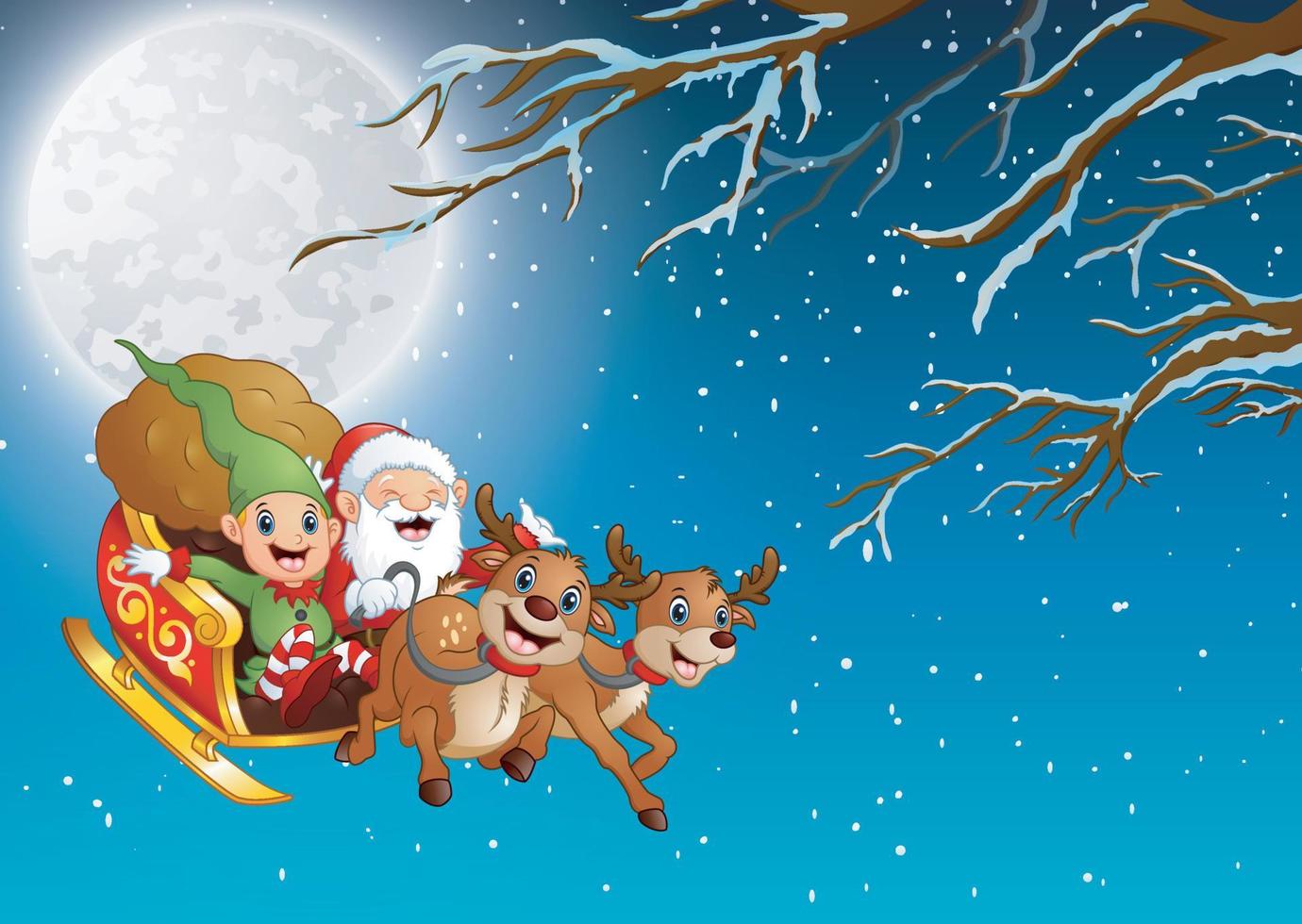 Santa Claus and elf riding a sleigh flying at winter night vector