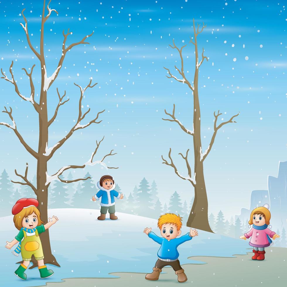 Happy kids playing outdoors in winter landscape vector