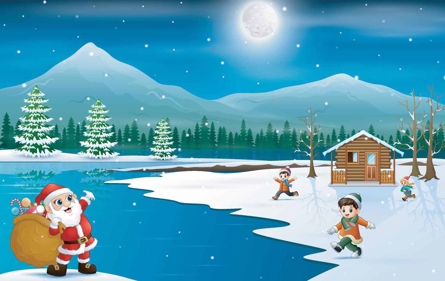 Santa Claus holding sack of gifts to give for children vector