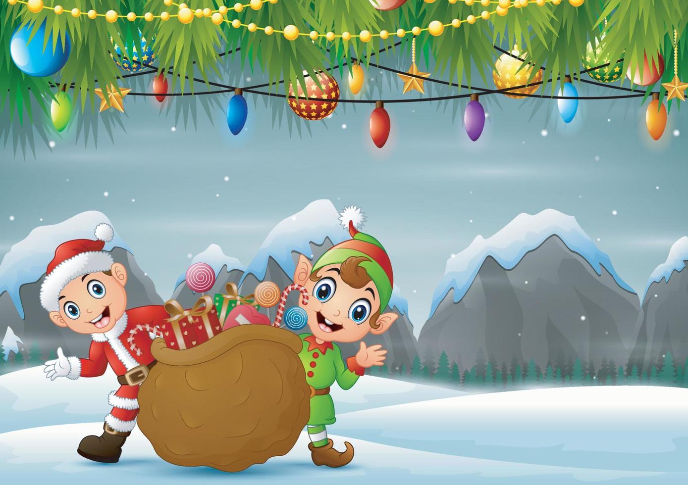 Elf and santa claus carrying christmas presents in winter background vector