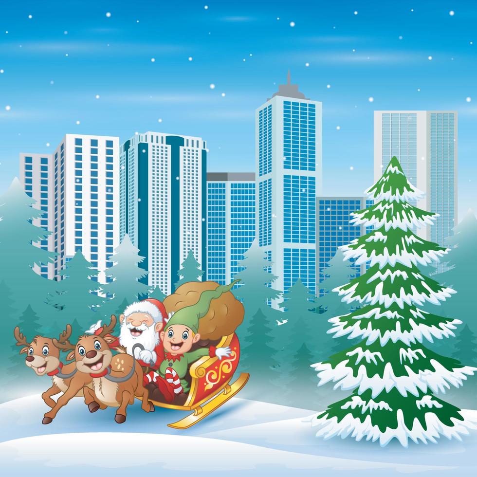 Santa claus and elf riding his sleigh at winter cityscape vector