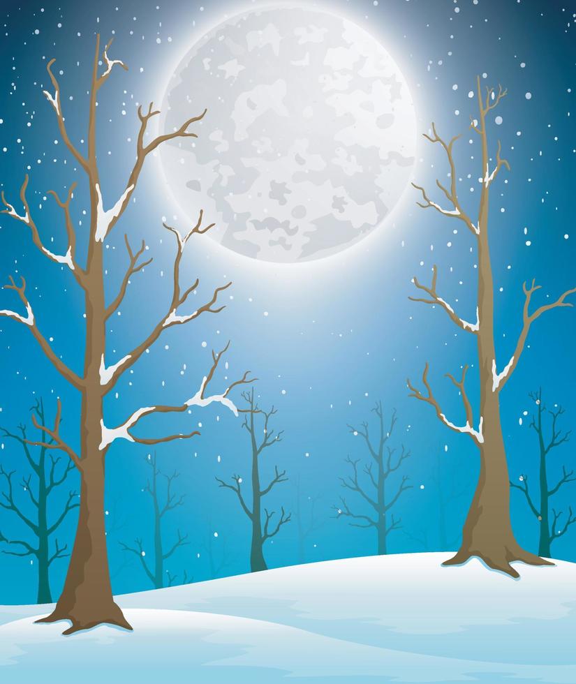 Winter forest landscape with moonlight and bare trees vector