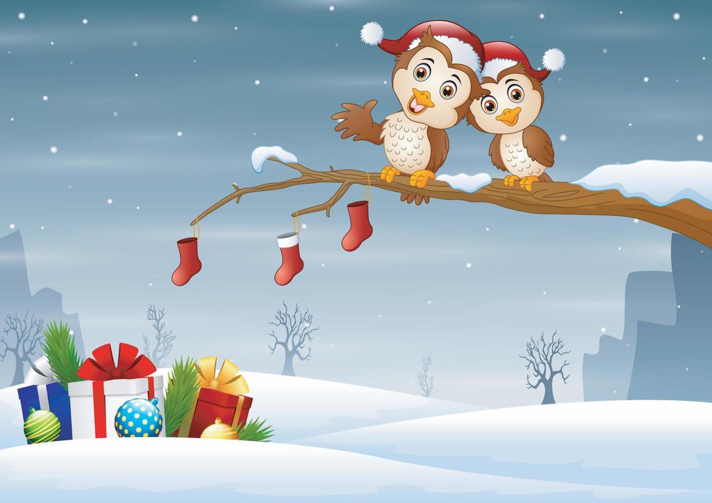 Owls couple in christmas hats on the tree branch vector