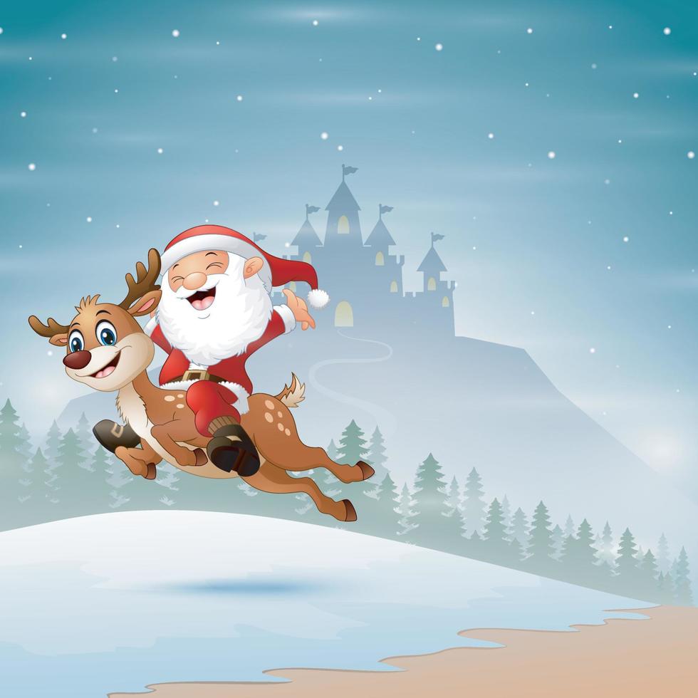 Papá Noel feliz montando un reno saltando sobre la nieve vector