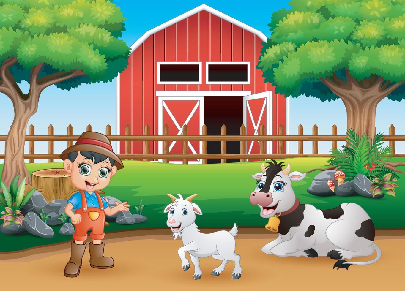 Farm scenes with different animals and farmers in the farmyard vector