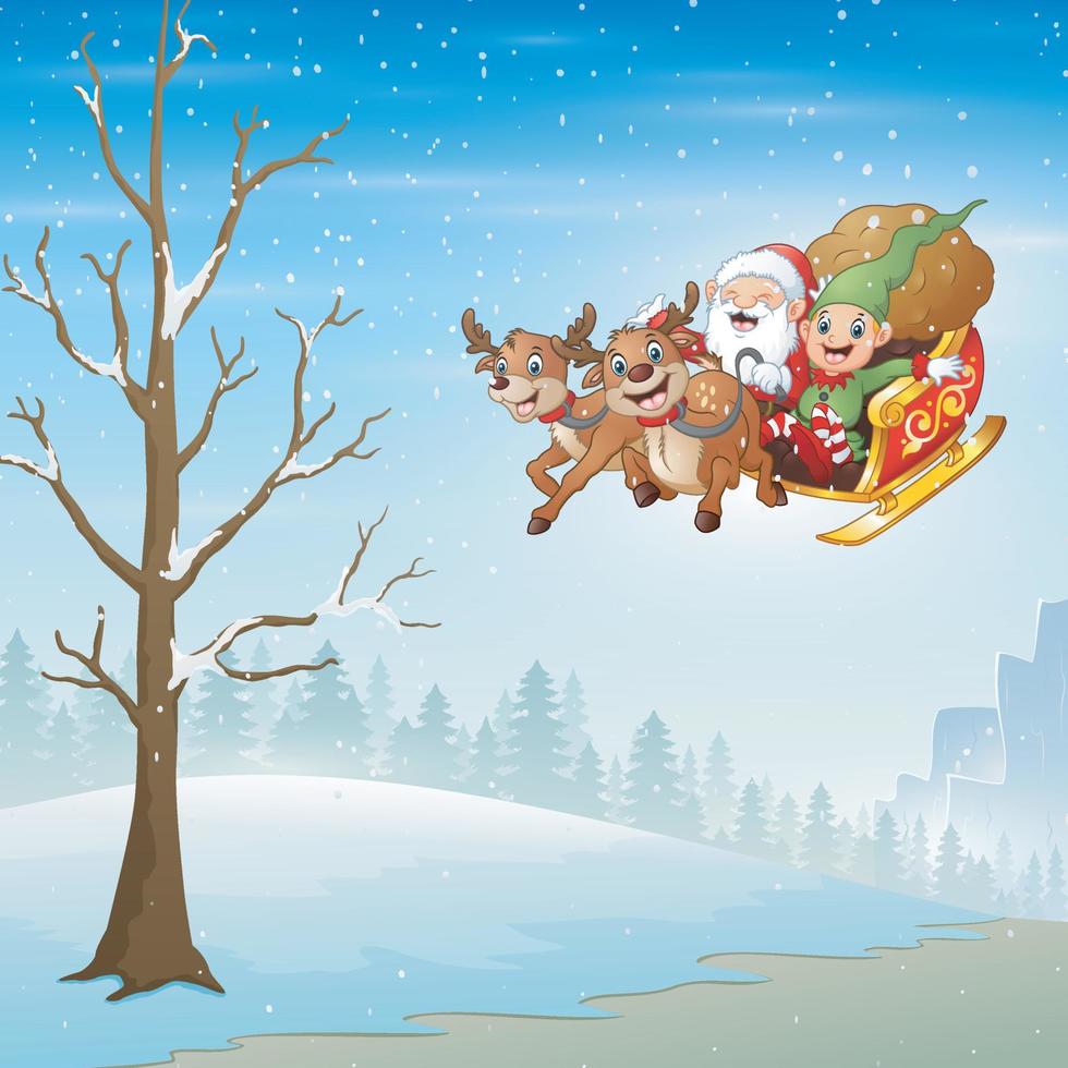 Santa Claus and elf riding deer sleigh flying over snowy forest vector