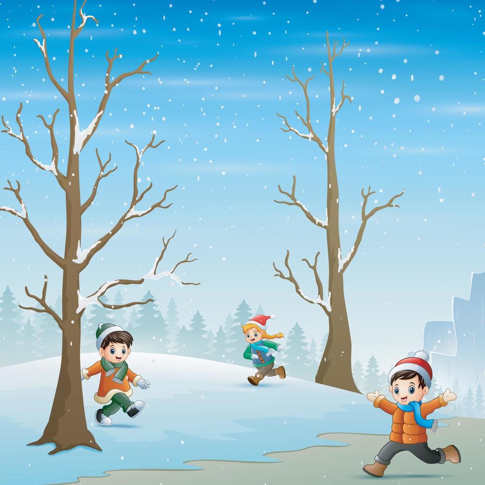 Happy kids playing outdoors in winter landscape vector