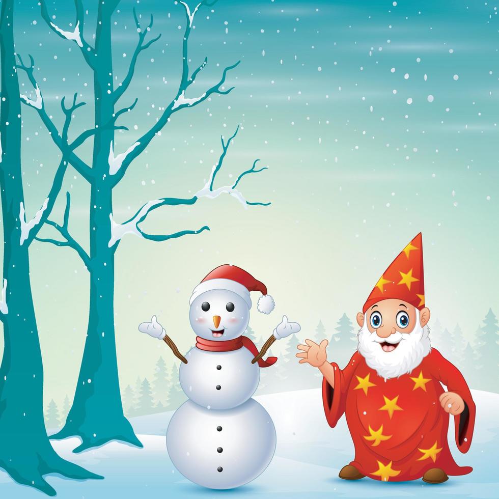 Old santa claus waving hand with snowman vector