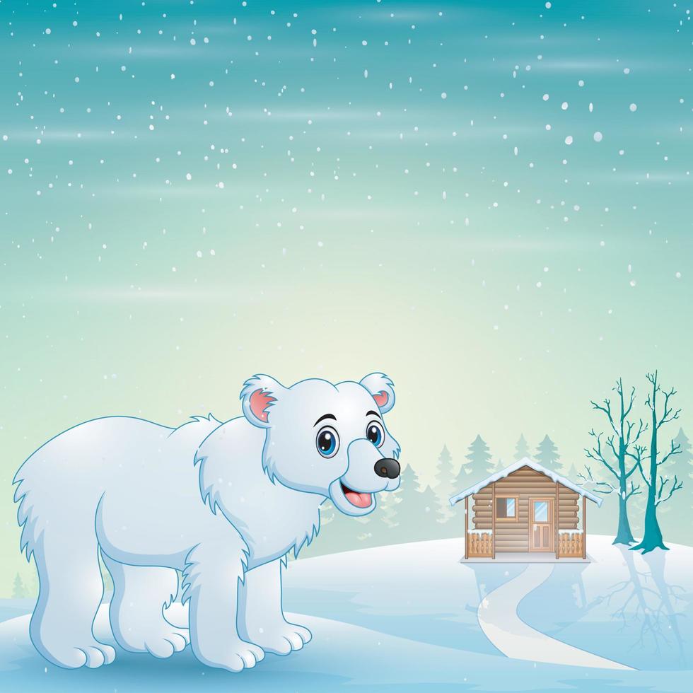 Cute polar bear cartoon in the winter background vector