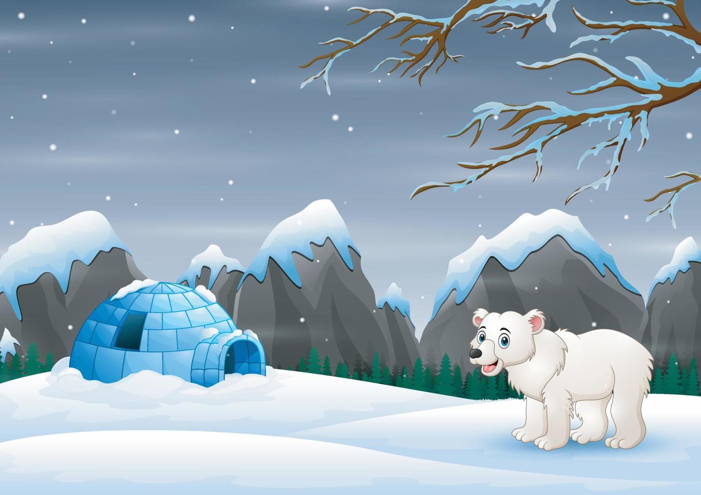 Scene a polar bear and igloo in a winter landscape vector