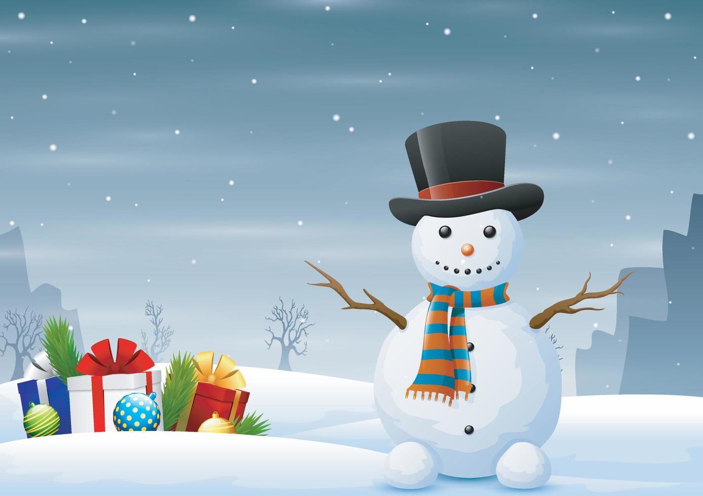 Cute snowman with gift boxes on winter landscape vector